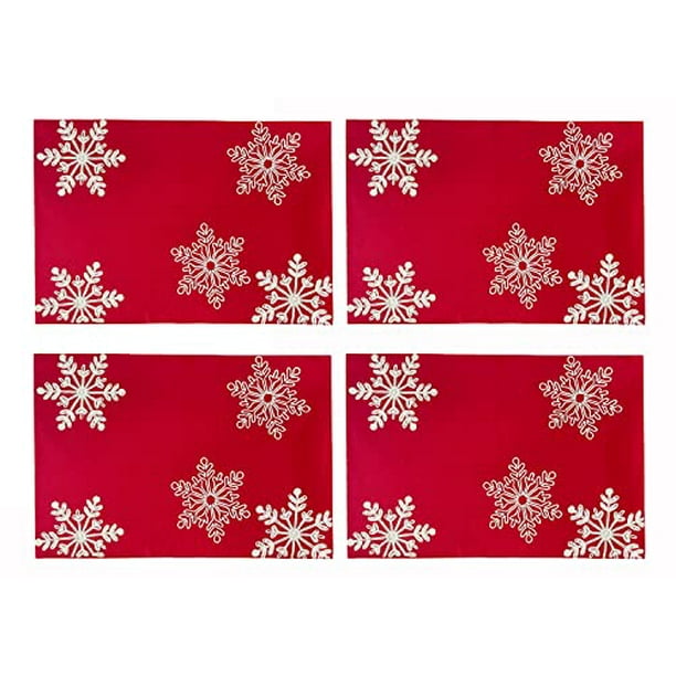 Placemats Christmas Holiday Snowflakes Woven Set of 4 Beige Red Washable 13"x19"